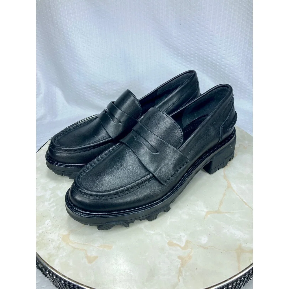 Rag & Bone Corey Chunky Lug Sole Penny Loafers Women 7 Black Leather Comfy Shoes